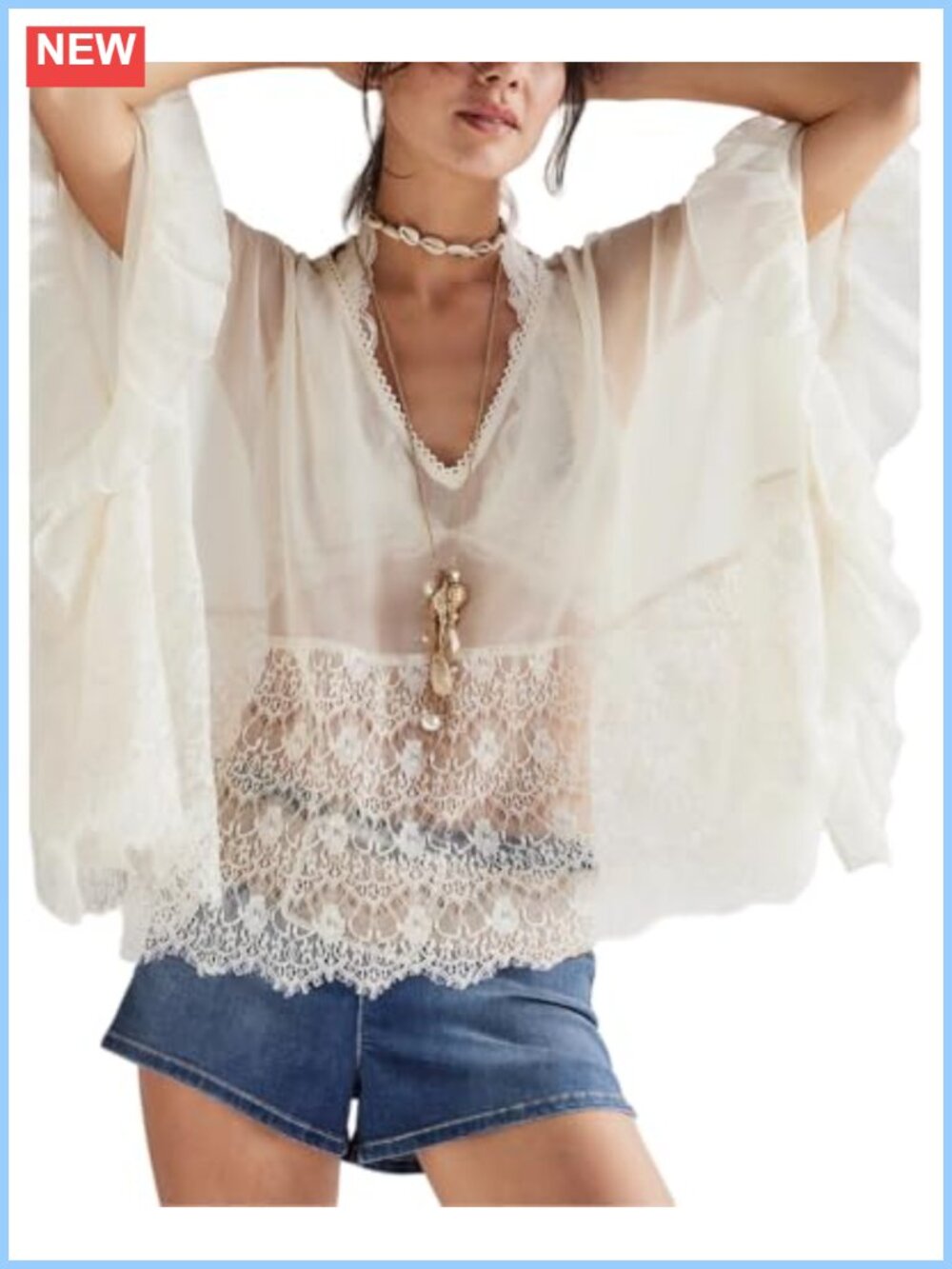Women Sheer Poncho Batwing Sleeve Cover Up Blouse Contrast Lace Ruffle Boho